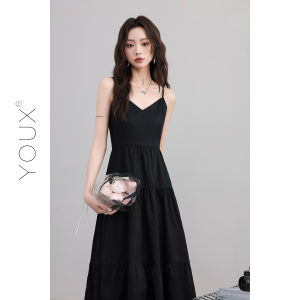 YOUXIANG | Đầm Dây A-Line Đen Có Dải Xòe