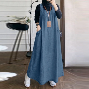 【Cat Walk】Ready Stock Sleeveless Denim Long Dress Women Baju Wanita Muslim Loose Sleeveless O-Neck Solid Color Pockets Maxi Dress