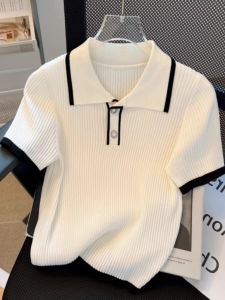 เสื้อยืดคอโปโลผ้าไหมน้ำแข็งถักแขนสั้นผู้หญิงฤดูร้อน เสื้อผ้าทำงานสไตล์เกาหลี ทรงสลิมฟิต ความยาวปกติ แฟชั่นสตรีท