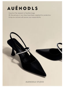 AUENODLS Black Leather Sandals with Diamond Buckle High Heels Fashionable Pointed Toe Thin Heel Womens Slip-On Shoes