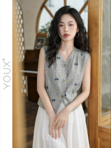 YOUXIANG | Áo Blouse Vòng Cổ V Không Tay Thêu Hoa