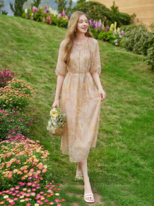 XIANGYING | Đầm Maxi In Hoa Tay Bồng Dáng Rộng Phù Hợp Đi Du Lịch Tô Đẹp Vòng eo