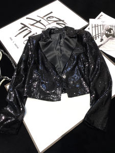 Black Shiny Sequin CCA Short Suit Jacket Satin Patchwork High Waist Performance Outfit Street Style Regular Thickness Spring 2024