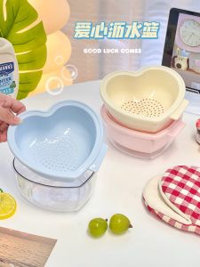 Double Layer Kitchen Drain Basket Fruit Vegetable Washing Basin Womens Style Plastic Drain Basket European Style Macaron Color