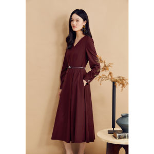 French Style V-Neck Silk-Wool Waist Cinching Dress