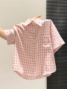 LUOSHAO | Grid Red Short Sleeve Shirt Casual Loose Fit Women