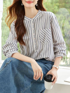 Elegant Pure Cotton Long Sleeve Womens Shirt Stand Collar Striped Versatile Korean Style Commute Loose Fit Regular Length