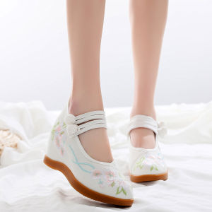 Elegant Embroidered High Heel Dance Shoes National Style Slope Heel Womens Ancient Costume Shoes Traditional Chinese Floral Pattern