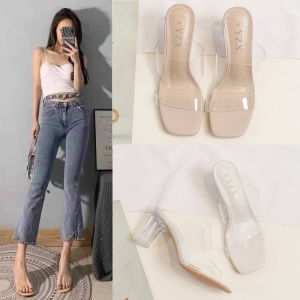 รองเท้าแตะส้นกลางใสสำหรับผู้หญิง ฤดูร้อน 2025 รองเท้าแตะส้นกลางคริสตัลแฟชั่นแบบสวมสบายสำหรับกลางแจ้ง รองเท้าแตะส้นแบนแบบสวมสบาย