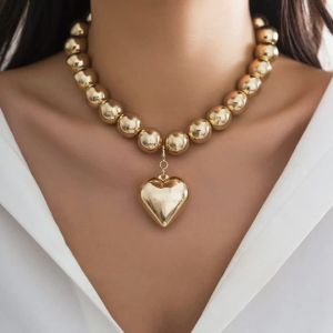 Punk Big Love Heart Pendant Choker Necklace Women Vintage Chunky Heavy CCB Beads Chain Grunge Jewelry Accessories Steampunk Men