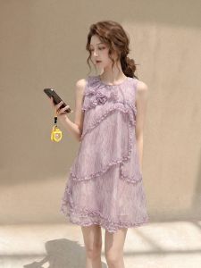Pink Sleeveless Unique Design French Style Midi Dress