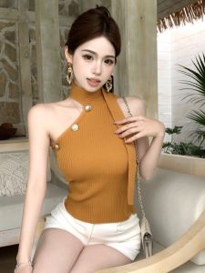 GUZILIAN | Design Sensation Womens Knitted Vest Shoulder Bared Neck Hanging Slim Fit Button Up Versatile Fashionable Korean Style Top