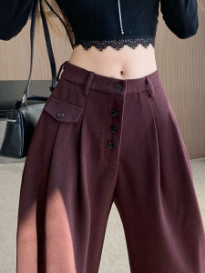 Fancy Retro Ankela Red Woolen Suit Loose Pants Female Fall and Winter High Waist Slimming and Fashionable Draggle-Tail Straight Trousers