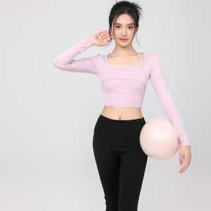 เสื้อโยคะแขนยาวระบายอากาศได้ดีสำหรับผู้หญิงพร้อมแผ่นเสริมหน้าอก ชุดโยคะ Pilates ทรงสลิมฟิต ชุดออกกำลังกาย ชุดฟิตเนส