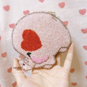 Sweet Creative Pink Heart Pig Cartoon Handmade Beaded Coin Purse New Arrival Youth Synthetic Material Zipper Closure Wallet