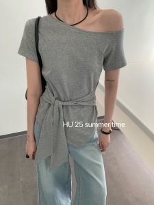 Slim Fit Asymmetrical Short Sleeve T-Shirt Womens Fashionable Belted Top Korean Style Cotton Summer Casual Pure Color