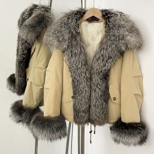 Áo Khoác Phao Nữ Màu Trắng Lông Vũ Vịt Cổ Lông Cáo Mùa Thu Đông Ấm Áp Thời Trang Áo Khoác Lông Thật Dày Dặn Chất Liệu Nylon Phong Cách Công Sở.