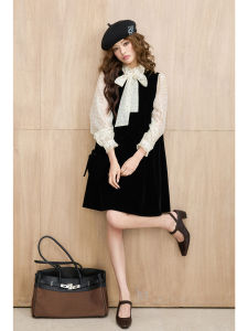 Floral Lace Dot Pattern Velvet A-Line Pinafore Skirt & Dress Set