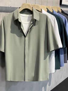 Non-Ironing Summer Loose Chiffon Mens Mid Short Sleeve Shirt Draping Effect Lightly Mature Silky Elegant Ice Silk Thin Shirt
