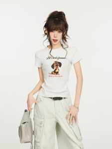 American Style Grey Short Sleeve T-Shirt Women Summer Little Dog Short Design Slim Fit Waist Cinching Trendy Top