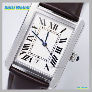 mens square 31mm stainless steel watch case with quartz VJ24 movement. Leather strap. Retro quartz watch. Water-resistant. mens gift.