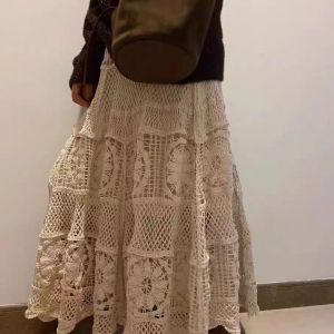 New 2024 Gentle French Style Hooked Lace Hollow out Design Elastic Knitted A-Line Mini Skirt Korean Style Half Body Skirt