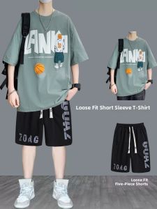 Pure Cotton Short Sleeve Mens T-shirt Summer New Loose Print Half Sleeve Body T-shirt Student Trending Versatile Top T-shirt Set