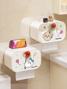 Cartoon Toilet Paper Box Wall-Mounted No-Punching Transparent Waterproof Bathroom Paper Towel Holder Roll Paper Box
