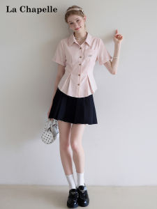 La Chapelle | Summer Pink Polo Collar Short Sleeve Tailored Waist Shirt