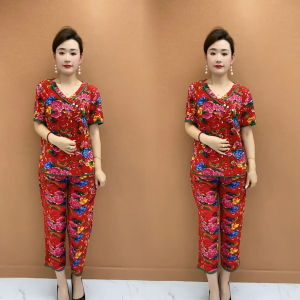 Fashionable Ethnic Style Northeast Big Flower Womens Casual Ice Silk Asymmetrical Flag Shirt And Nine-Piece Pants Set Summer Collection