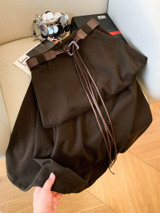 Retro High Waist Slimming Half Skirt with Belt Autumn Elegant Drapey A-Line Long Skirt Womens Fashion Gentle Style Non-Stretch