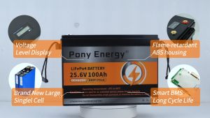 PonyEnergy 24V 100Ah LiFePo4 battery with Voltage Display and Intelligent BMS Supports series and parallel connection solar chargingLithium Iron Phosphate Battery