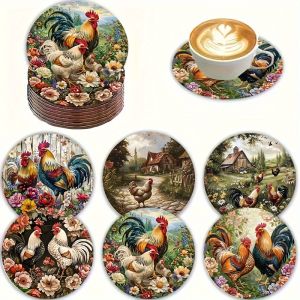 6pcs 2D Round Colored Rooster Themed Wooden Coasters Heat-Resistant Non-Slip Home Decoration Party Gift Beverage Pads