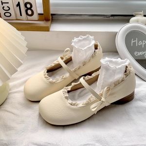 รองเท้าส้นเตี้ย Mary Janes สไตล์ฝรั่งเศส สำหรับผู้หญิง รองเท้าแตะส้นเตี้ยแบบสวมสบาย รองเท้าส้นแบนสไตล์โลลิต้า