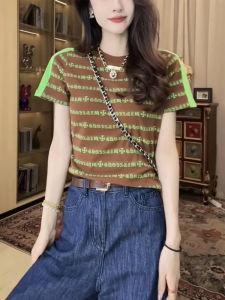 Fashionable Striped Short Sleeve T-Shirt Womens Summer 2024 Loose Versatile round Neck Top Trendy Design Straight Cut Body Fit