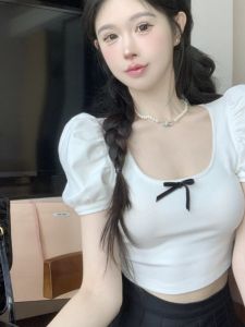 French Style Sweet And Chic Anti-Aging Bubble Sleeve U-Neck T-Shirt Short Sleeve For Women Summer Fashion Belly Button Bow Design