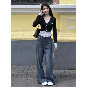 Retro American Grey Wash High Waist Bell Bottom Denim Jeans Womens Loose Feel Wide Leg Long Trousers Autumn Small Size Lazy