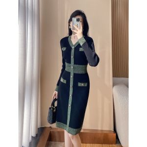 Spring 2024 High Waist A-Line Knitted Dress Casual V-Neck Hepburn Style Trendy Womens Fashion Gown Glue Fiber Long Sleeve