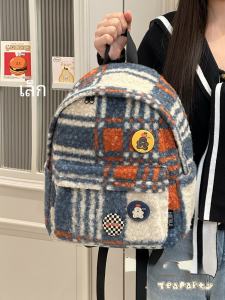 กระเป๋าเป้สะพายหลังผ้าขนแกะลายสก็อตสไตล์เกาหลี INS น้ำหนักเบา กระเป๋าเป้สะพายหลังแบบมีซิปสำหรับนักเรียนมัธยมปลายและนักศึกษาวิทยาลัย