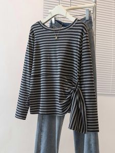 Striped Long Sleeve T-Shirt Slim Fit with Waist Tie Top for Women