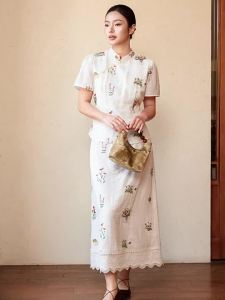 plusmall | Chinese Style Short Sleeve Stand Collar Top Lace Half Skirt Set