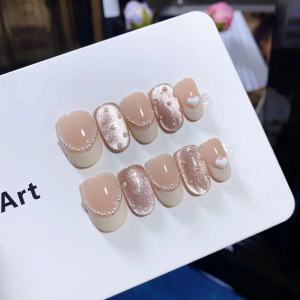 New 2025 Pure Handmade Wearable Nail Tips Short French Style Cream Polka Dot Cat Eye Effect High-End Feelings False Nails