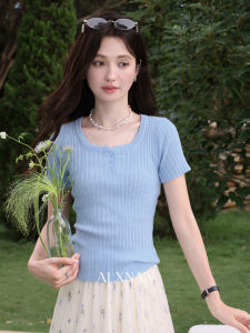 Áo Knit Tay Ngắn Phong Cách Pháp Màu Xanh Elegance Giảm Cân
