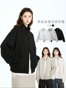 Áo Khoác Cardigan American Style Cổ Đứng Màu Trơn Khóa Kéo Dài Vai Nữ Xuân Thu Trung Tính Không Mũ Áo Khoác Ngoài