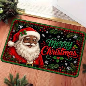 VIKAMA Christmas Santa Claus Doormat Plaid Border Holly Snowflake Black Welcome Mat Merry Christmas Non Slip Rug Xmas 2027