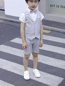 227Boys 4pcs Plaid Cotton Vest Set Toddler Causal Wear Shirt Vest with Bowtie Kids Short Gentlemen Suits Outfits Set Boys Shirt Formal Wear Set Wedding Birthday Tuxedo