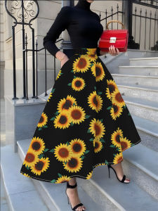 Printed Design Four Seasons Casual Style Sunflower Black Background Pattern Printed Half Skirt