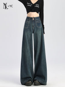 Quần Jeans Ống Rộng Màu Xanh Đậm Cạp Cao Cho Nữ Quần Dài Dài Đến Sàn Rộng Phong Cách Thường Ngày Quần Jeans Denim Cạp Cao