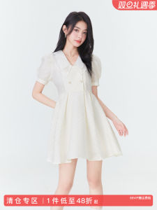 French Style Double Layer Lace Doll Collar Dress Womens High Waist Summer New Sweet White Skirt One Piece Short Sleeve Zipper Closure