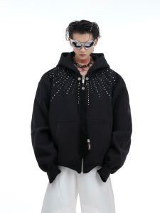 Detachable Rhinestone Casual Hoodie Loose Fit Comfortable Autumn Outerwear Metal Decorations Anti-Wrinkle Easy Care Cotton Blend